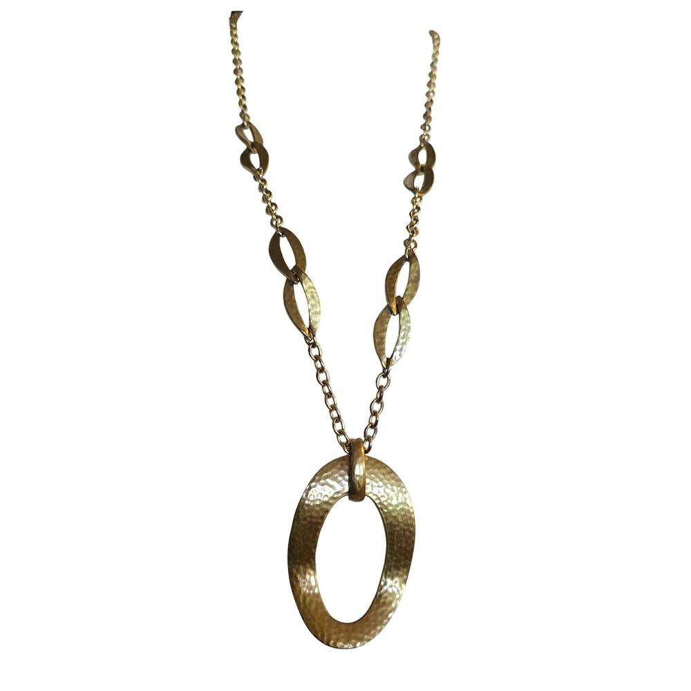 Chico's Necklace Chicos Gold Tone Hammered Oval Pendant Long Statement SKU2974